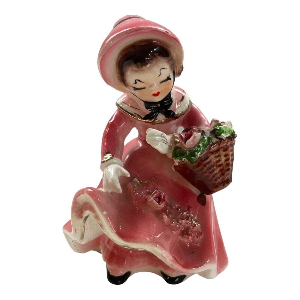 Vintage Josef Originals Pink & Gold Lady Holding Basket Figurine Japan Sticker